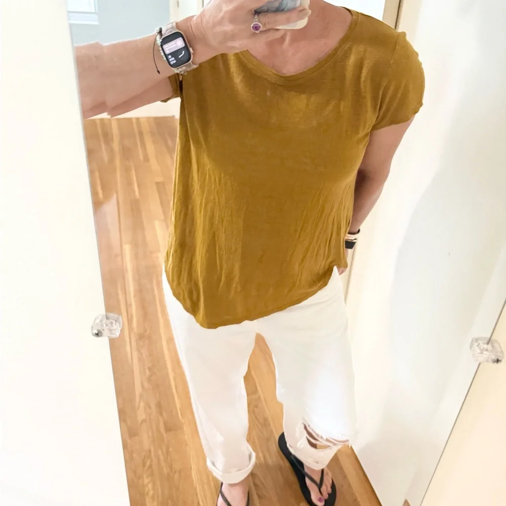 Eileen Fisher Organic Linen Jersey Asymmetric Hem Linen T-Shirt - Picture 3 of 10